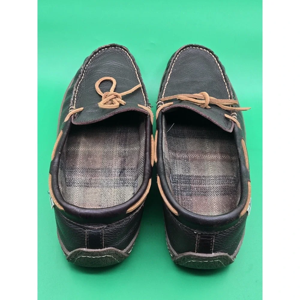 LL Bean Mens 14 Leather Moccasin Flannel Lined Slippers Loafer Shoe 212164 Brown
